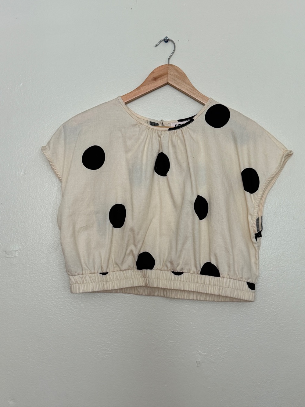 Cream Polka Dot Elastic-Hem Crop Top